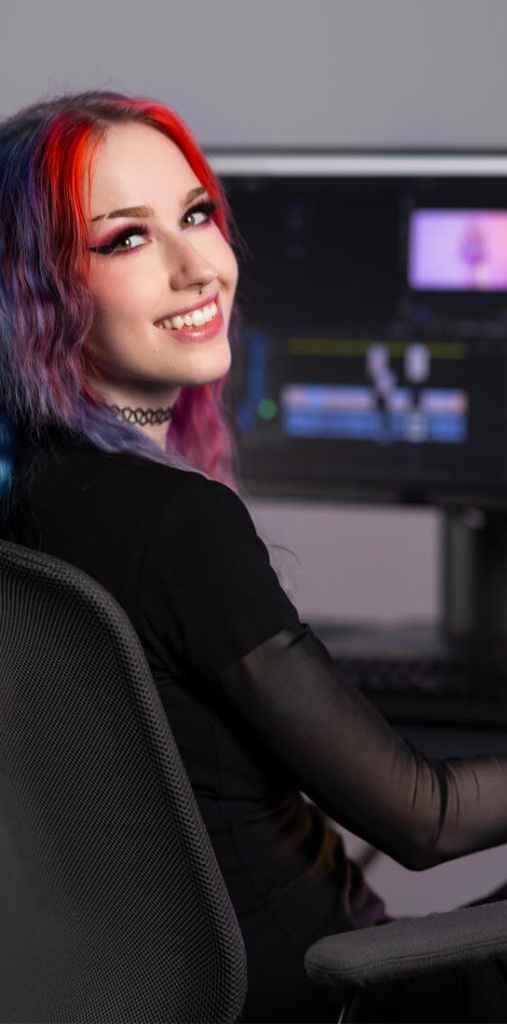 Neon-lit face with blue and pink lighting